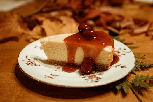 A mouthwatering slice of cheesecake topped with caramel and berries, ideal for dessert lovers.