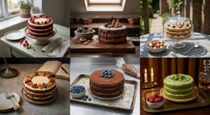 Healthy cake varieties and dessert presentation